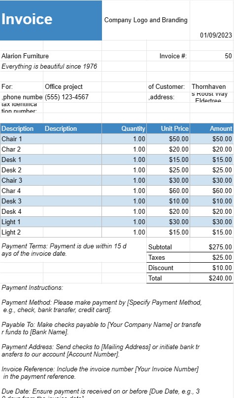 Furniture Company Invoice