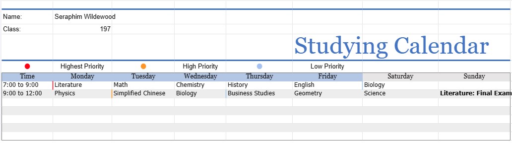 Studying Calendar