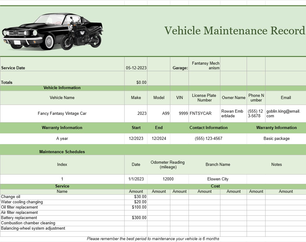 Vehicle Maintenance Record